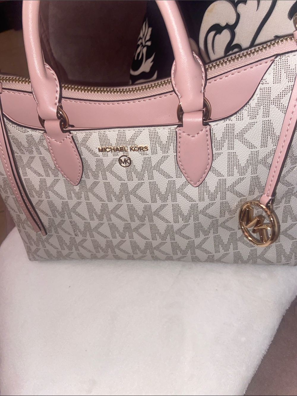 Michael Kors Pink and White MK Logo Satchel